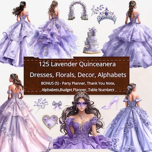 125 Alfabetos de flores de quinceañera lavanda Clipart Descarga digital PNG + Imprimibles adicionales Elementos de invitaciones DIY Flores Vestido de princesa