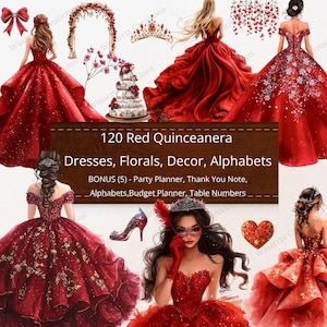 120 Czerwone kwiaty Quinceanera Alfabety Clipart Cyfrowe pobieranie PNG + BONUS Wydruki DIY Zaproszenia Elementy Kwiaty Księżniczka Sukienka