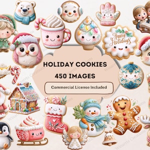 Puede incluir: Una colección de galletas festivas navideñas en varias formas, incluyendo un reno, un oso, un muñeco de nieve y un hombre de jengibre. Las galletas están decoradas con glaseado colorido y presentan temas navideños. El texto en la imagen dice "Holiday Cookies" y "450 Images".