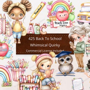 以下が含まれることがあります： 子供、教師、学用品をフィーチャーした、気まぐれな学校に戻るイラストのコレクション。 黄色のスクールバス、バスケットボール、虹、卒業キャップをかぶったフクロウが含まれています。 テキストには「425 Back To School Whimsical Quirky Commercial License Included」が含まれています。