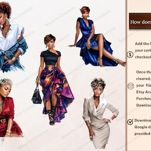 Pu&ograve; includere: Stampa artistica digitale con donne eleganti in vari outfit. L'opera d'arte mostra diversi stili di moda, tra cui un abito blu, un abito rosso e una gonna con un design colorato. L'immagine include anche il testo che dice "How does it work?"
