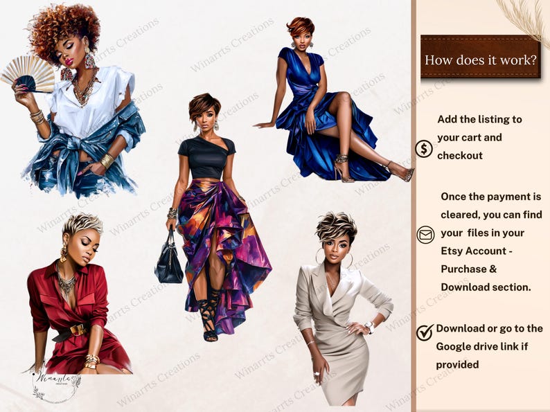 Pu&ograve; includere: Stampa artistica digitale con donne eleganti in vari outfit. L'opera d'arte mostra diversi stili di moda, tra cui un abito blu, un abito rosso e una gonna con un design colorato. L'immagine include anche il testo che dice "How does it work?"