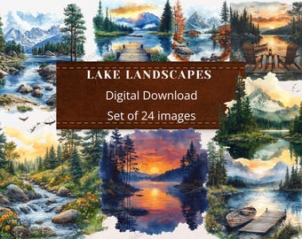 24 imágenes prediseñadas de paisajes lacustres, descarga digital PNG, imprimibles, de alta resolución, para sublimación, descarga instantánea.