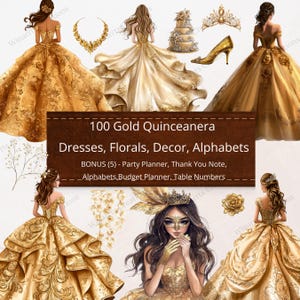 100 fiori di Quinceanera dorati, alfabeti, clipart, download digitale, PNG, BONUS, stampabili, inviti fai da te, elementi, fiori, abito da principessa