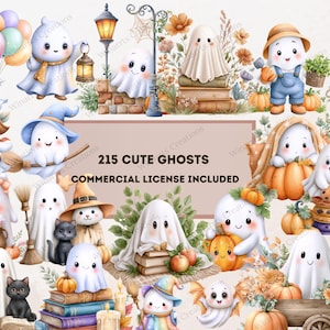 Może przedstawiać: Ilustracja akwarelowa przedstawiająca liczne urocze duszki w różnych sceneriach Halloween. Duchy przedstawione są z dyniami, książkami i balonami. Widoczny jest tekst "215 Cute Ghosts Commercial License Included".