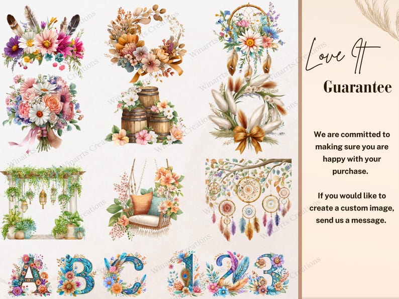 Watercolor Boho Wedding Clipart Bundle 500 PNG Bride Flowers Cake ...