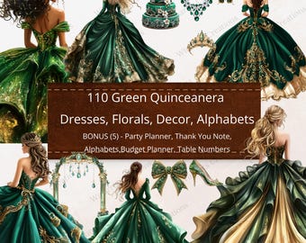 110 Alfabetos de flores verdes de quinceañera Clipart Descarga digital PNG + Imprimibles adicionales Elementos de invitaciones DIY Flores Vestido de princesa