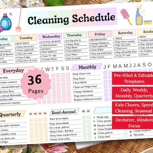 Editable Cleaning Planner Printable + Editable Cleaning Checklist ADHD Cleaning Checklist Daily Weekly Monthly Seasonal Declutter Bundle