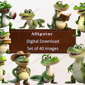 May include: A set of 40 digital images featuring cartoon alligators in various poses. The alligators are green with black eyes and have different expressions. The images are perfect for use in crafts, scrapbooking, and other creative projects.