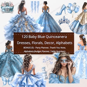 120 Alfabetos de flores de quinceañera azul bebé Clipart Descarga digital PNG + Imprimibles adicionales Elementos de invitaciones DIY Flores Vestido de princesa