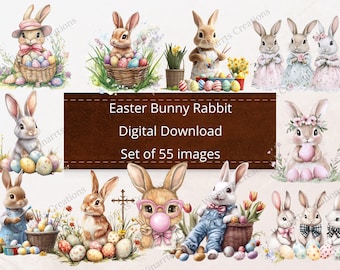 55 Easter Rabbit Clipart PNG Digital Download Bunny PNG Printable High Quality Sublimation Instant Download Illustration Watercolor Images