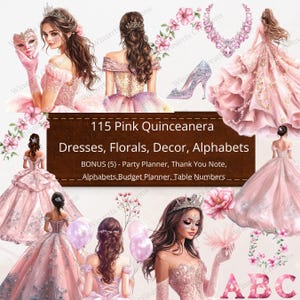 115 Alfabetos de flores rosas de quinceañera Clipart Descarga digital PNG + Imprimibles adicionales Elementos de invitaciones DIY Flores Vestido de princesa