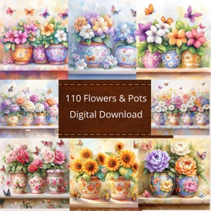 Può includere: Un download digitale di 110 immagini di fiori in vasi. Le immagini presentano una varietà di fiori, tra cui rose, girasoli, margherite e peonie. I vasi sono tutti di colori e design diversi. Le immagini sono perfette per l'artigianato, lo scrapbooking o qualsiasi altro progetto creativo.