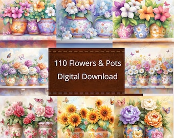 May include: A digital download of 110 images of flowers in pots. The images feature a variety of flowers, including roses, sunflowers, daisies, and peonies. The pots are all different colors and designs. The images are perfect for crafting, scrapbooking, or any other creative project.