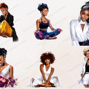 Pu&ograve; includere: Illustrazioni digitali di sei donne nere in varie pose. Una legge, un'altra medita e altre indossano abiti eleganti. L'opera d'arte presenta colori vivaci e rappresentazioni dettagliate di capelli e abbigliamento. La filigrana "Winarrts Creations" &egrave; visibile.