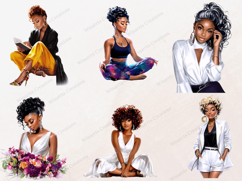 Pu&ograve; includere: Illustrazioni digitali di sei donne nere in varie pose. Una legge, un'altra medita e altre indossano abiti eleganti. L'opera d'arte presenta colori vivaci e rappresentazioni dettagliate di capelli e abbigliamento. La filigrana "Winarrts Creations" &egrave; visibile.