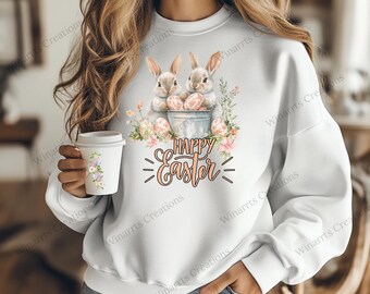 Happy Easter Rabbit Floral Bunny Orange Toile Easter Clipart Digital Download PNG Printable High Quality Sublimation Illustration