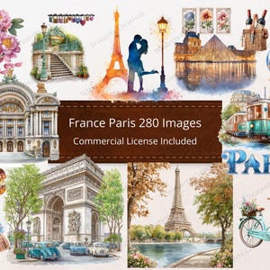 May include: Watercolor illustrations of Paris landmarks, including the Eiffel Tower, Arc de Triomphe, and a vintage tram. The image also features a bicycle with a flower basket, pastries, and the text "France Paris 280 Images Commercial License Included."