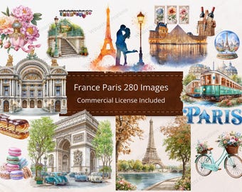 Paris France Clipart 280 Paris Clipart Eiffel Tower French Cafe Croissant Macaroons Digital Download PNG Printable High Quality Sublimation