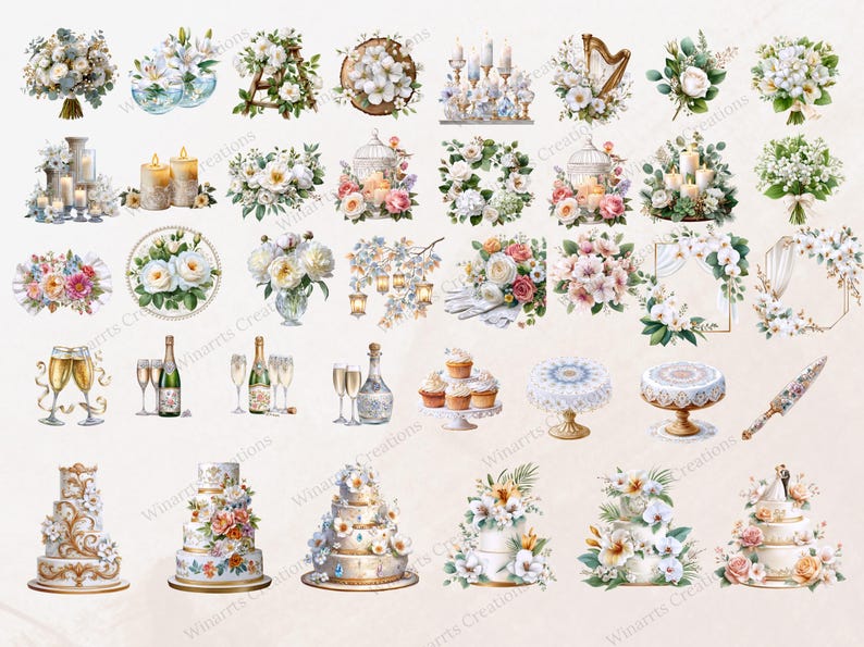 Watercolor White Wedding Clipart Bundle 620 PNG Bride Flowers Cake ...