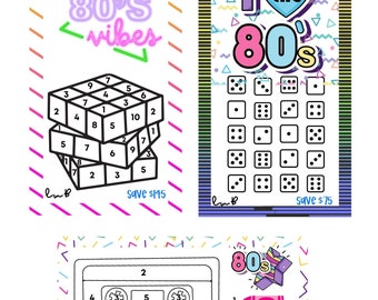 May include: Three printable 80s themed bingo cards with different designs. The first card features a Rubik's cube with numbers, the second card features a heart with the text "I love the 80s" and the third card features a cassette tape with the text "80s".