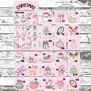 May include: A pink Christmas flip and save savings challenge sheet with various holiday icons like Santa, snowmen, and reindeer. The text reads Christmas flip and save, save $200, and includes directions to print, cut, and save with dollar amounts.