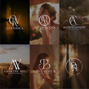 May include: A collage of nine images featuring different logo designs for various businesses. Each logo is a unique combination of letters and stylized fonts, presented against a variety of backgrounds, including a sunset, a forest, and a woman's face.