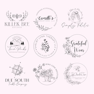 May include: Nine circular logos with botanical and nature-inspired designs. The logos feature text such as "Killer Bee Studio," "Camille's Creations," "Twin Peaks," "Shelby Lynn Therapy," "Grateful Wear," "Due South Tackle Company," "King Lion DeFuture," and "By Claudia Tan."