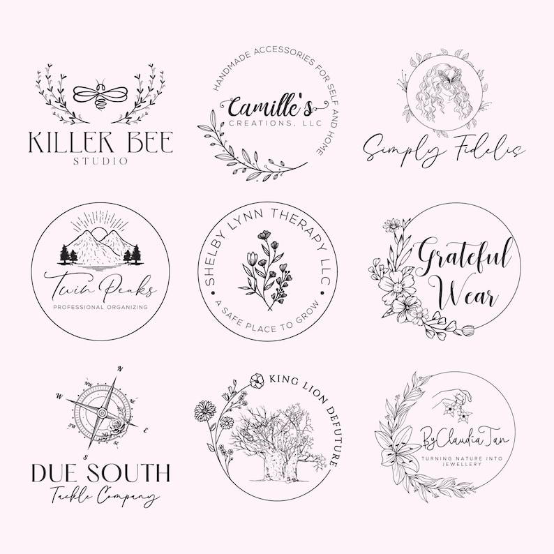 May include: Nine circular logos with botanical and nature-inspired designs. The logos feature text such as "Killer Bee Studio," "Camille's Creations," "Twin Peaks," "Shelby Lynn Therapy," "Grateful Wear," "Due South Tackle Company," "King Lion DeFuture," and "By Claudia Tan."