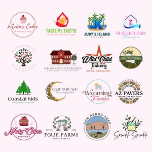 May include: A collection of colorful business logos, including "Mona's Cakes," "Taste Me Tastys," and "Judy's Island Kitchen." The logos feature various designs, such as a cupcake, a chili pepper, and palm trees. The logos are for different businesses.