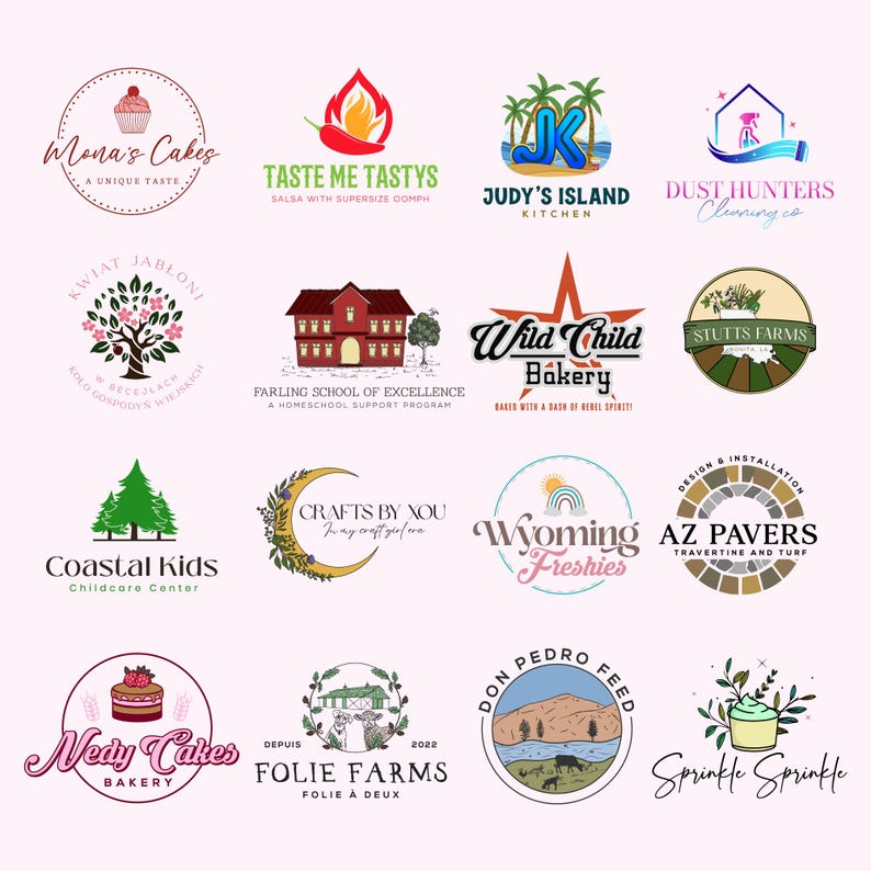 May include: A collection of colorful business logos, including "Mona's Cakes," "Taste Me Tastys," and "Judy's Island Kitchen." The logos feature various designs, such as a cupcake, a chili pepper, and palm trees. The logos are for different businesses.
