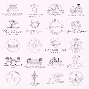 May include: A collection of 20 black and white logo designs on a pink background. The logos feature various illustrations, including a house, a teacup, a tree, and a pen. Each logo includes text, such as "The Moodtique" and "Good Life Cafe."