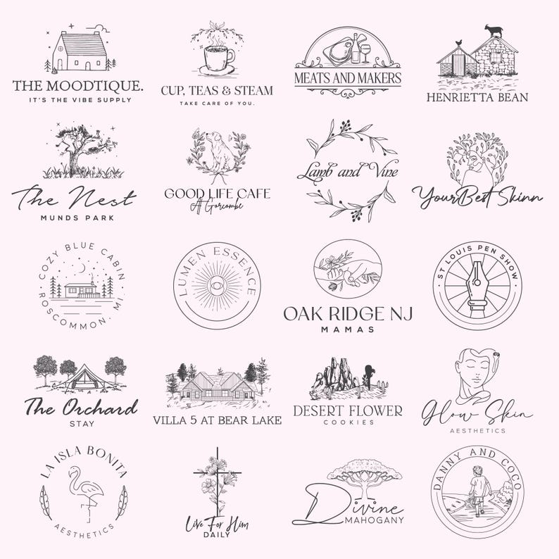 May include: A collection of 20 black and white logo designs on a pink background. The logos feature various illustrations, including a house, a teacup, a tree, and a pen. Each logo includes text, such as "The Moodtique" and "Good Life Cafe."