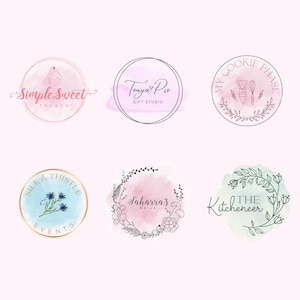 May include: A collection of six circular logos with watercolor backgrounds and delicate line art. The logos feature text such as "Simple Sweet Treats," "Tonya Pro Gift Studio," and "My Cookie Phase."