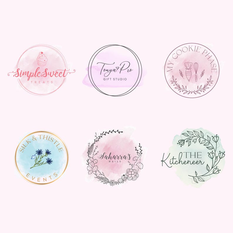 May include: A collection of six circular logos with watercolor backgrounds and delicate line art. The logos feature text such as "Simple Sweet Treats," "Tonya Pro Gift Studio," and "My Cookie Phase."