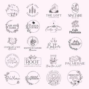 May include: A collection of 20 circular and rectangular logos in black and white. The logos feature various designs, including illustrations of mountains, trees, flowers, and text. The logos are for businesses and services.