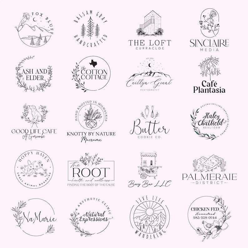 May include: A collection of 20 circular and rectangular logos in black and white. The logos feature various designs, including illustrations of mountains, trees, flowers, and text. The logos are for businesses and services.