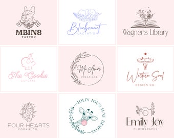 May include: A collection of nine logo designs for various businesses. The logos feature a variety of styles, including line art, hand-drawn illustrations, and typography. Some of the logos include text, such as "MBIN8 Tattoo", "Bluebonnet Lactation", "Wagner's Library", "The Cookie Cupcake", "M-Amor Creations", "Western Soul Design Co.", "Four Hearts Cookie Co.", "Olly Lou's Luxe Designs", and "Emily Joy Photography".