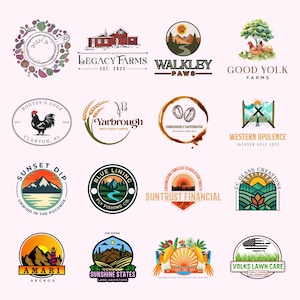 May include: A collection of various business logos, each with unique designs and text. The logos feature illustrations of farms, mountains, coffee beans, and other elements. The color palette includes shades of orange, green, and blue.