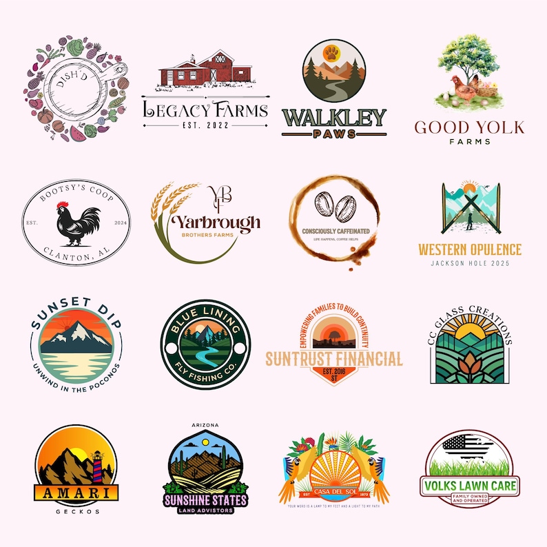 May include: A collection of various business logos, each with unique designs and text. The logos feature illustrations of farms, mountains, coffee beans, and other elements. The color palette includes shades of orange, green, and blue.