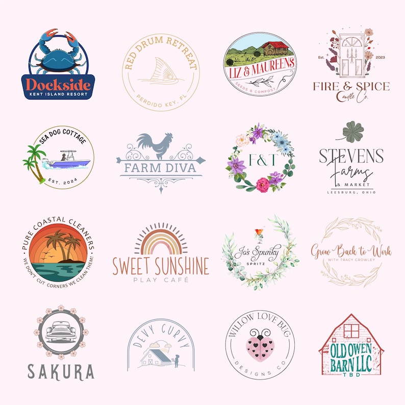 May include: A collection of various business logos, each with unique designs and text. Logos include a crab, a shark fin, a house, a door, a boat, a rooster, floral wreaths, a rainbow, a car, a ladybug, and a barn.