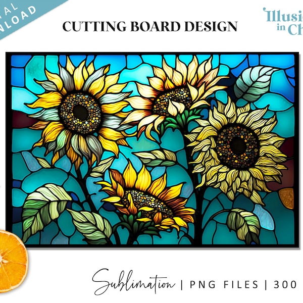 Sunflowers stained glass sublimation file, cutting board design, digital download, chopping board PNG