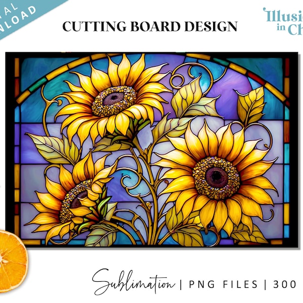 Sunflowers stained glass sublimation file, cutting board design, digital download, arch frame, chopping board PNG
