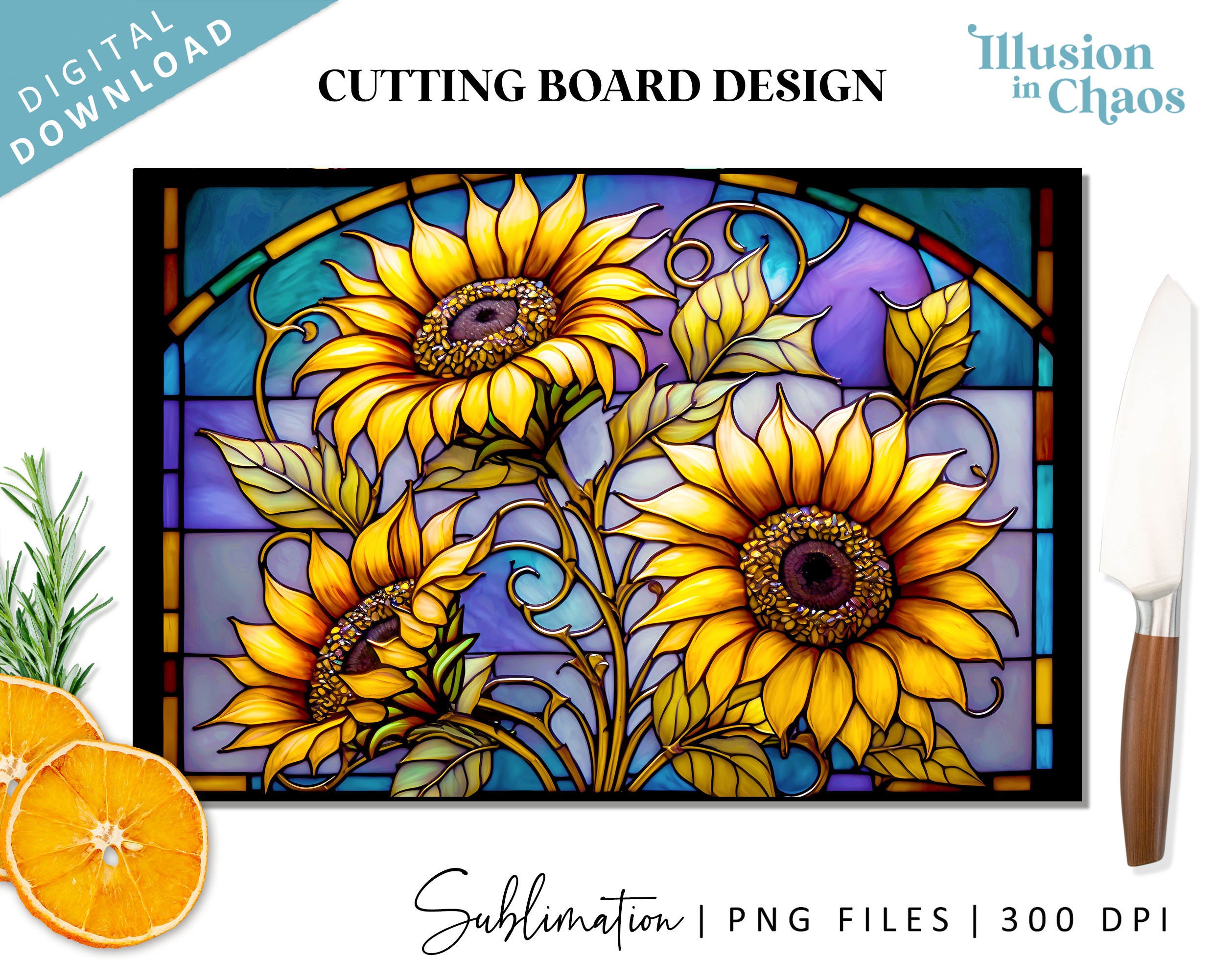 Sunflowers Stained Glass Sublimation File, Cutting Board Design
