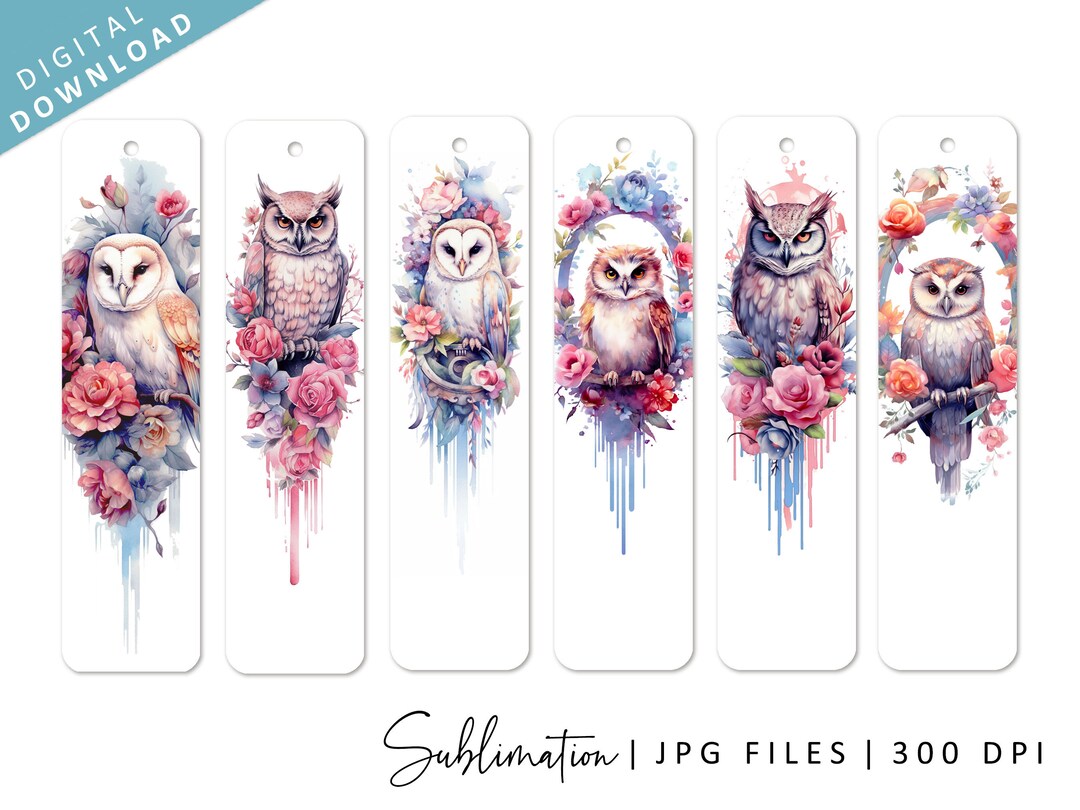 Watercolour Owl Bookmark Designs, Sublimation Files, Digital Download