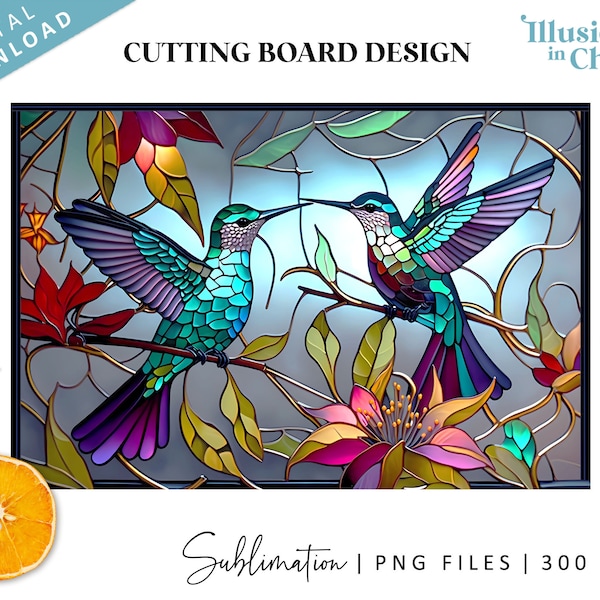 Hummingbirds stained glass sublimation file, cutting board design, digital download, printable art, chopping board PNG