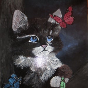 peinture acrylique le chat avec papillons