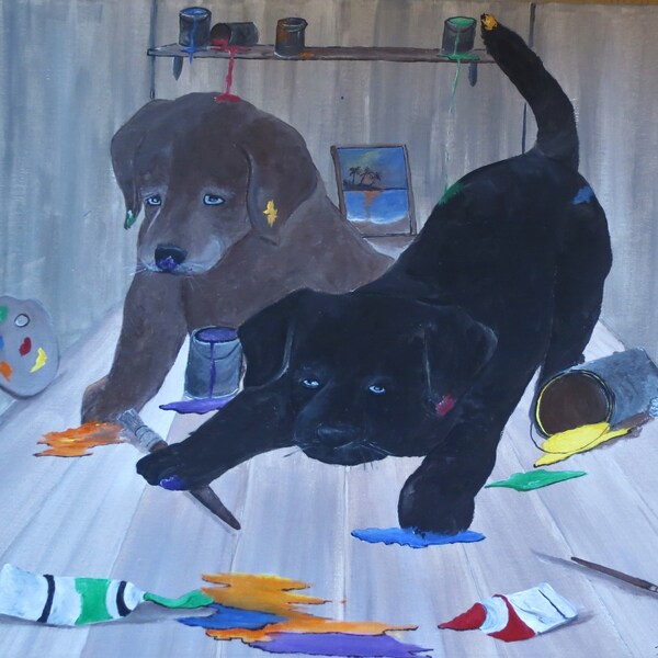 peinture, acrylique, animaux, chiens