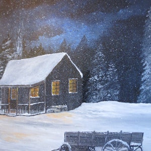 acrylic painting, landscape, winter, cart, chalet