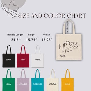 a tote bag with the size and color chart